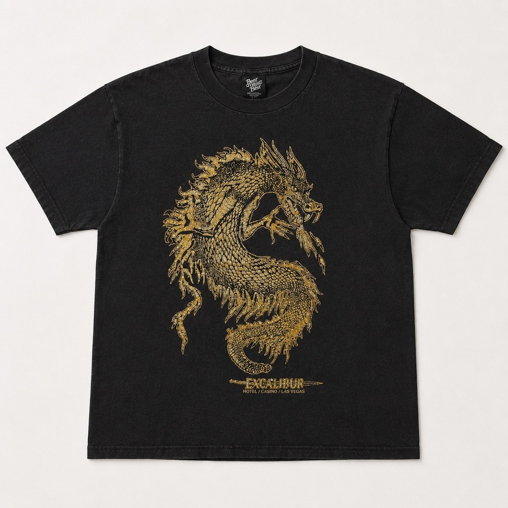 Vtg Y2K Diamond Dust Excalibur Las Vegas Dragon Glitter T-Shirt Black M Grunge